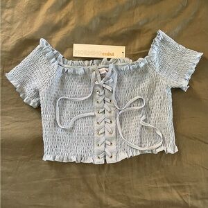 Blue Smocked Lace-Up Crop Top